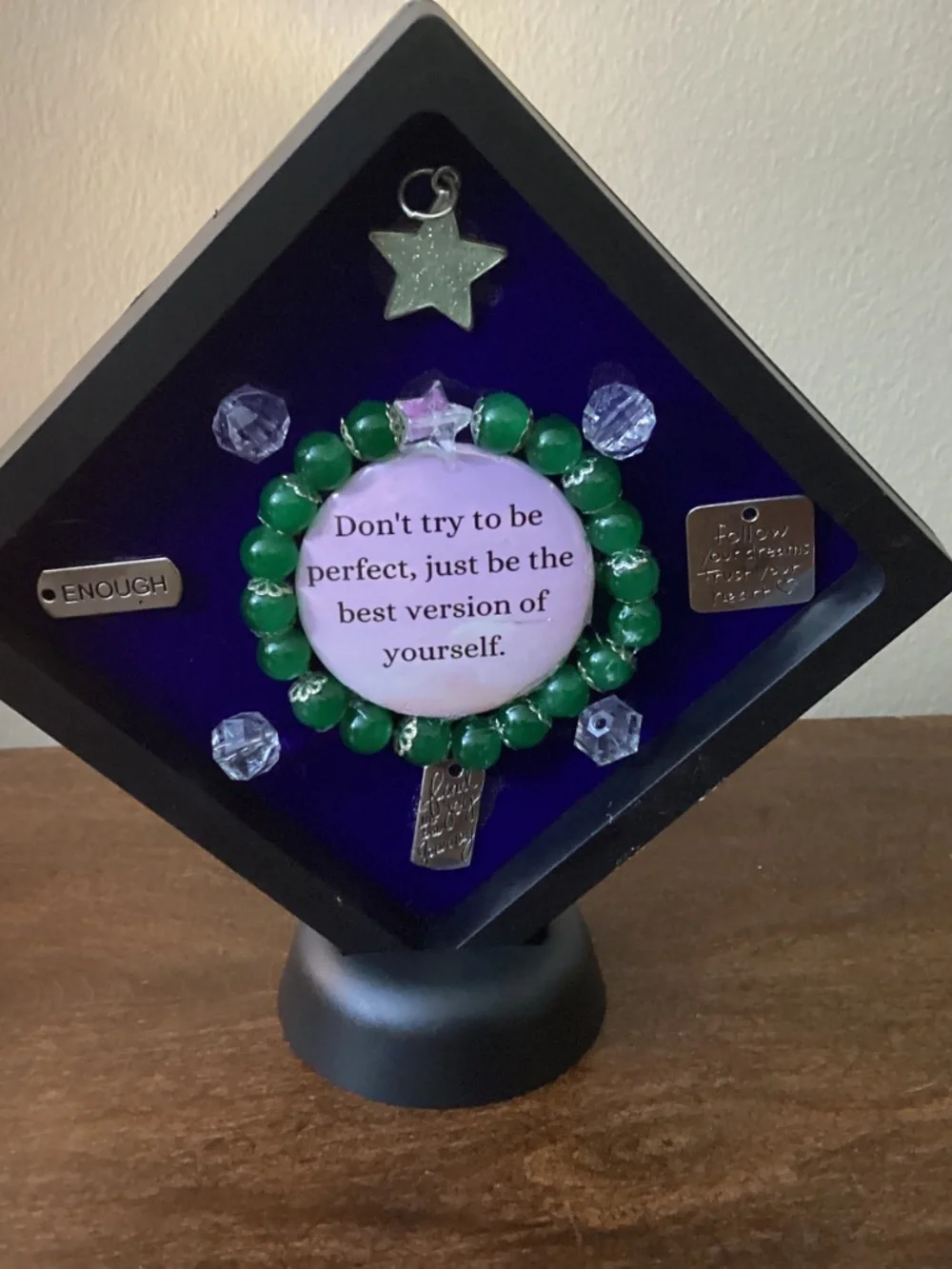 Handcrafted jewelry art Christmas encouragement red gold green supportive framed